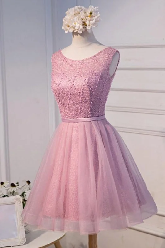 A-line Scoop Neck Short Tulle Homecoming Dress With Beading PG135