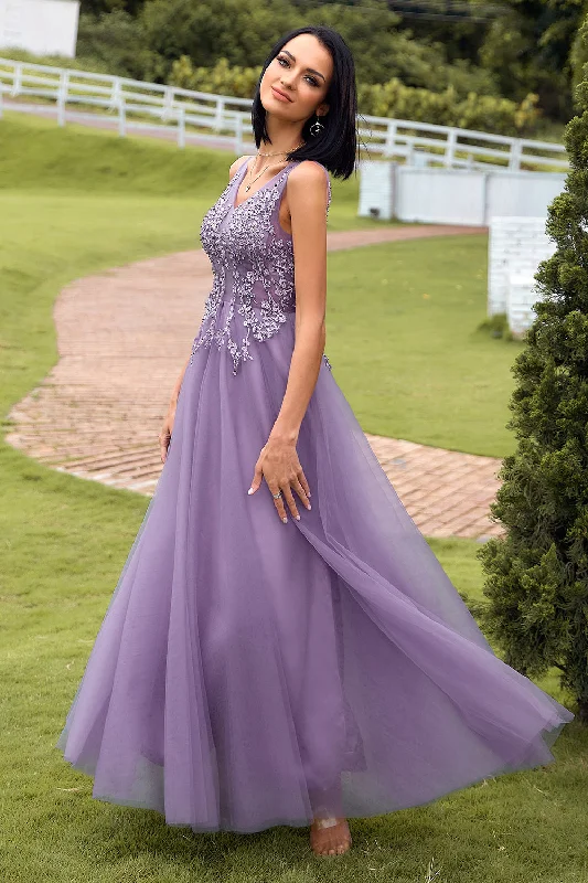 A Line V Neck Purple Long Prom Dress with Appliques