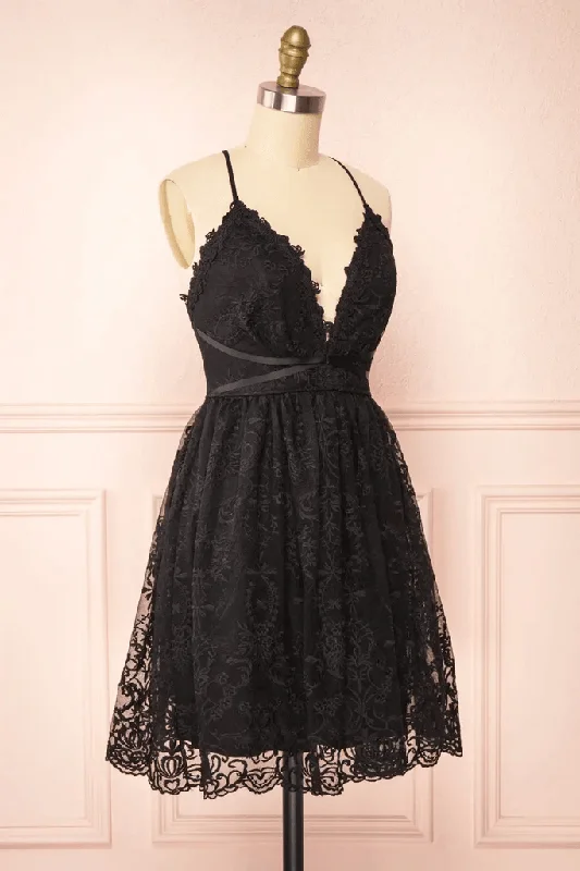 Black Lace Straps A-line Short Party Dress Lace Homecoming Dresses PD466