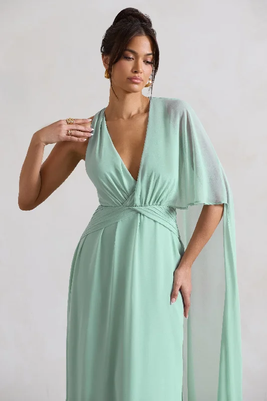 Fairytale | Sage Plunge-Neck Chiffon Maxi Dress With Cape Sleeve