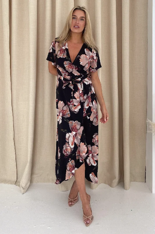 Farrah Split Hem Frill Detail Maxi Dress Black Floral