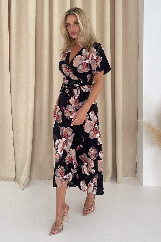 Farrah Split Hem Frill Detail Maxi Dress Black Floral