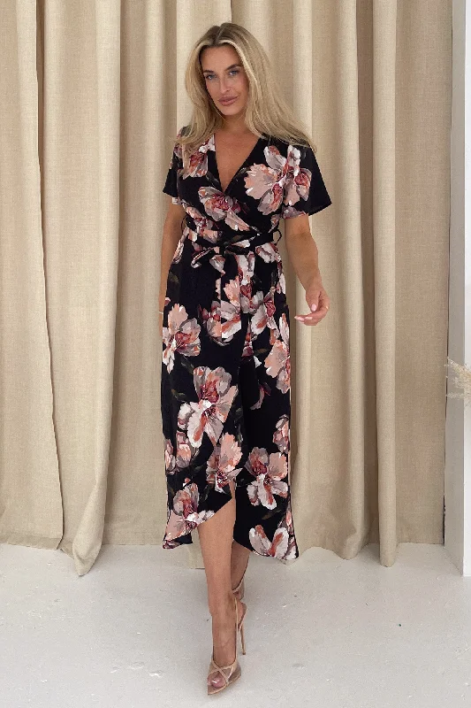 Farrah Split Hem Frill Detail Maxi Dress Black Floral