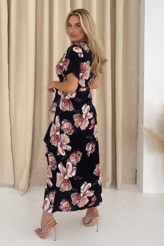 Farrah Split Hem Frill Detail Maxi Dress Black Floral