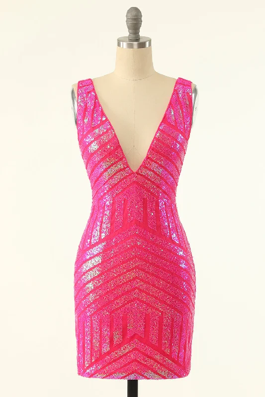 Fuchsia Sequins V-Neck Tight Homecoming Dress