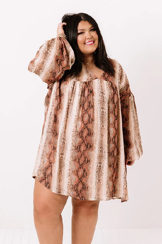 Looking For Love Snake Print Babydoll Dress In Brown Curves