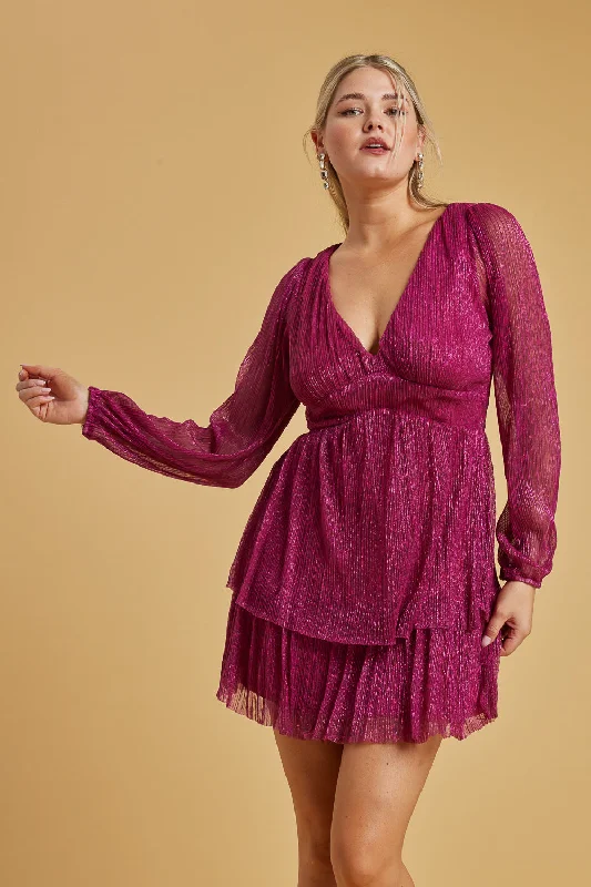 Magenta Long Sleeve Tier Dress