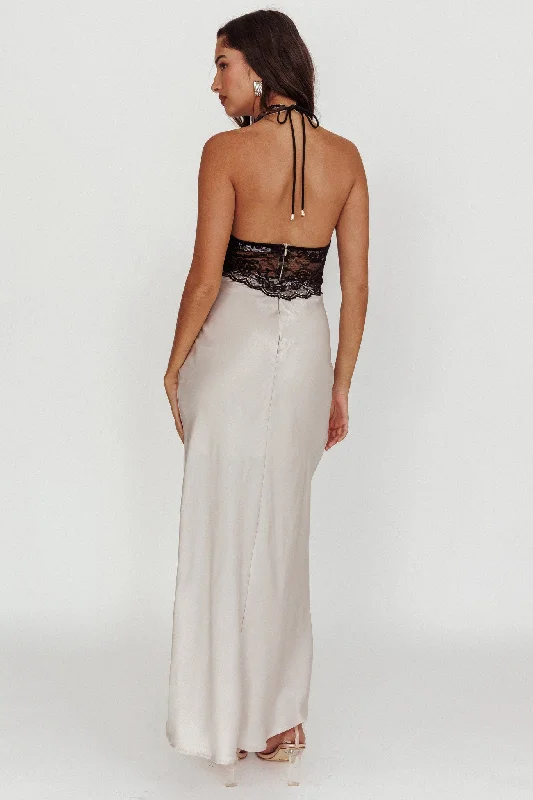 Rarity Satin Lace Halterneck Maxi Dress Champagne