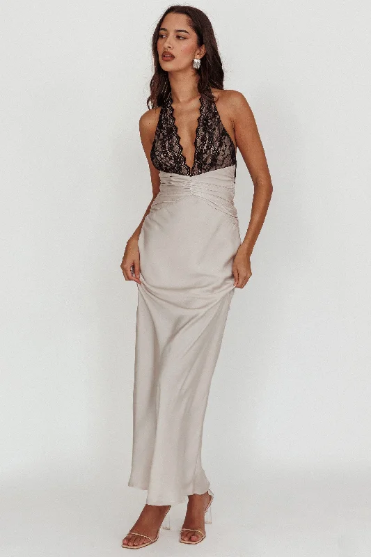 Rarity Satin Lace Halterneck Maxi Dress Champagne