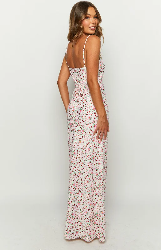 Renesmee White Floral Satin Maxi Dress